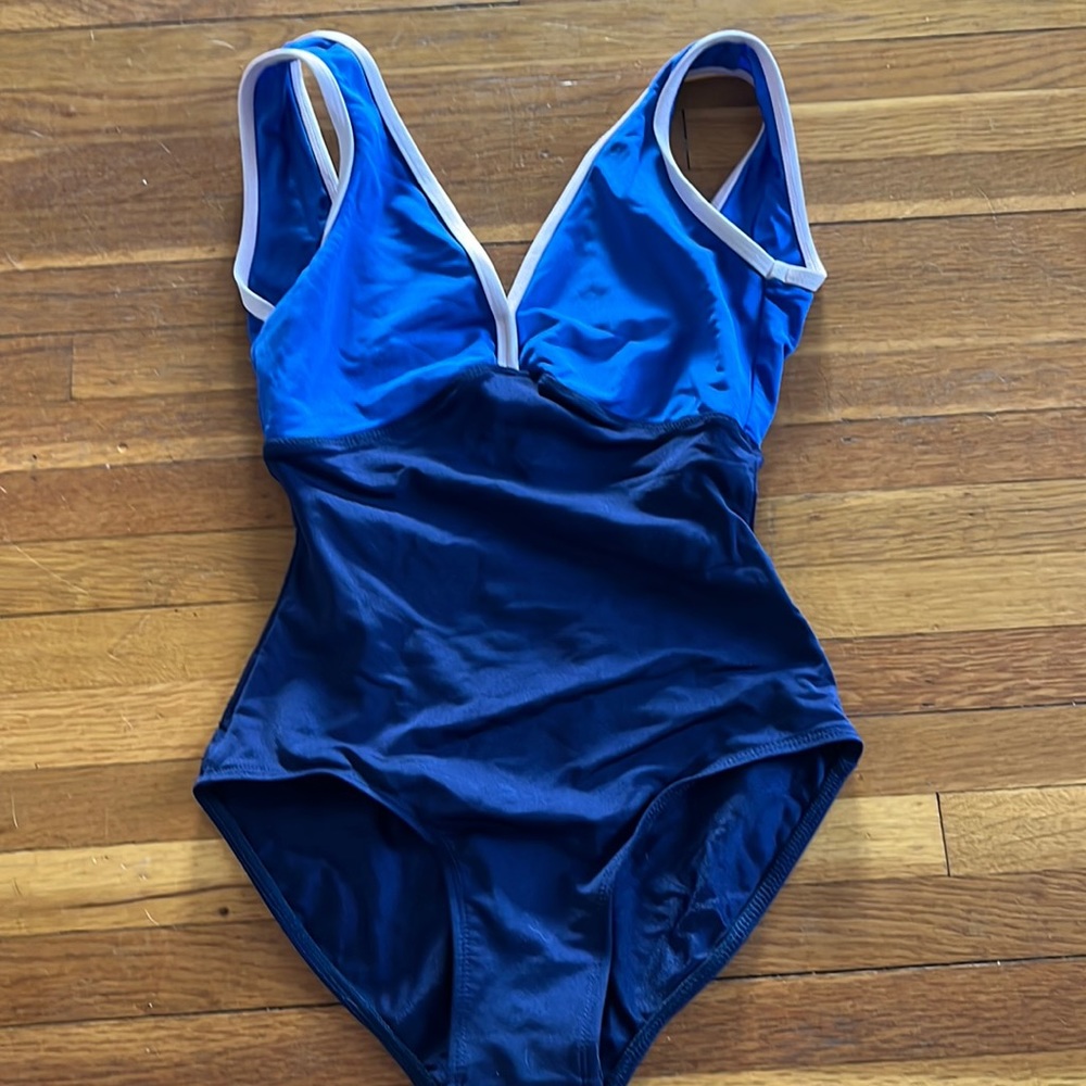 Mariia Leotard royal blue top navy bottom pink trim. Size petite.